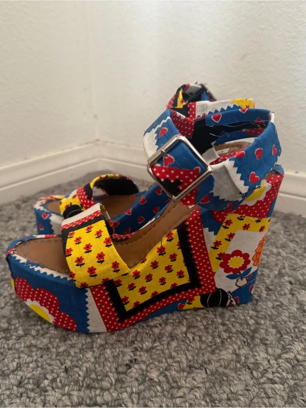 Custom Reupholstered 70s Raggedy Ann Patchwork Platform Sandals